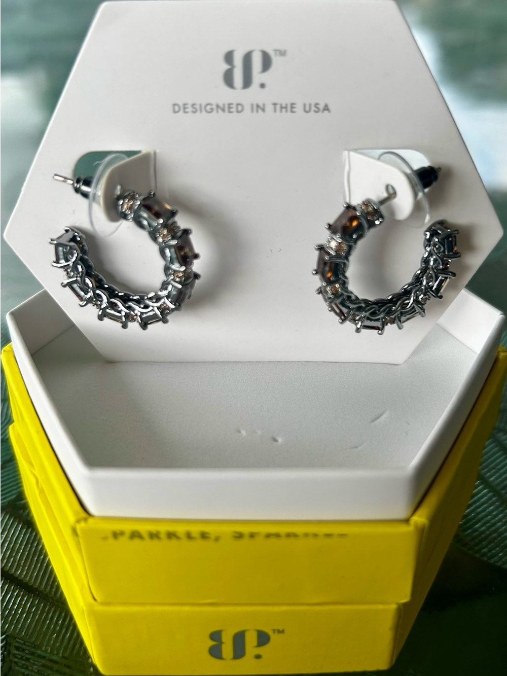 BP OG Dark Brown  Tourmaline Cubic Zirconia Hoop Earrings. Hematite Plating.